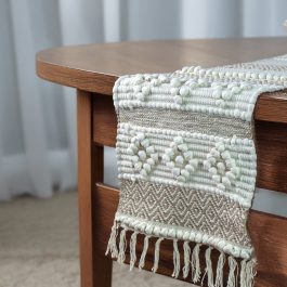 Handmade Cotton Table Runner – 70×14 Inch | Boho Beige & White Textured Runner for Dining, Console, or Bed